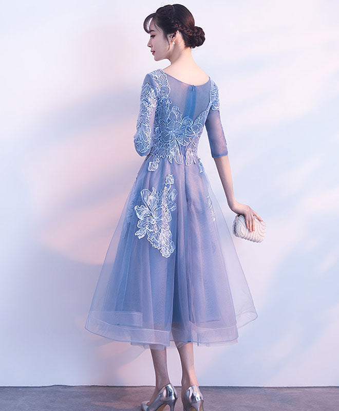 Blue Round Neck Tulle Lace Short Prom Dress, Blue Homecoming Dress