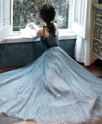 Blue Sweetheart Tulle Lace Long Prom Dress, Blue Tulle Formal Dress with Velvet