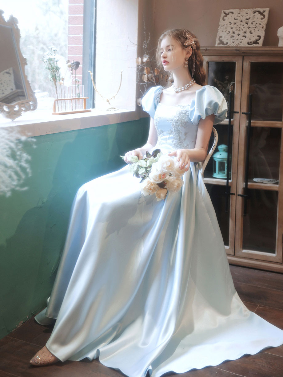 Light Blue Satin Lace Long Prom Dress Blue Lace Formal Dress
