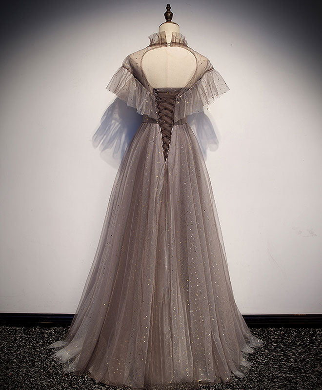 A-Line Tulle Long Prom Dress, Tulle Gray Evening Dress