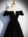 A-Line Off Shoulder Velvet Black Long Prom Dresses
