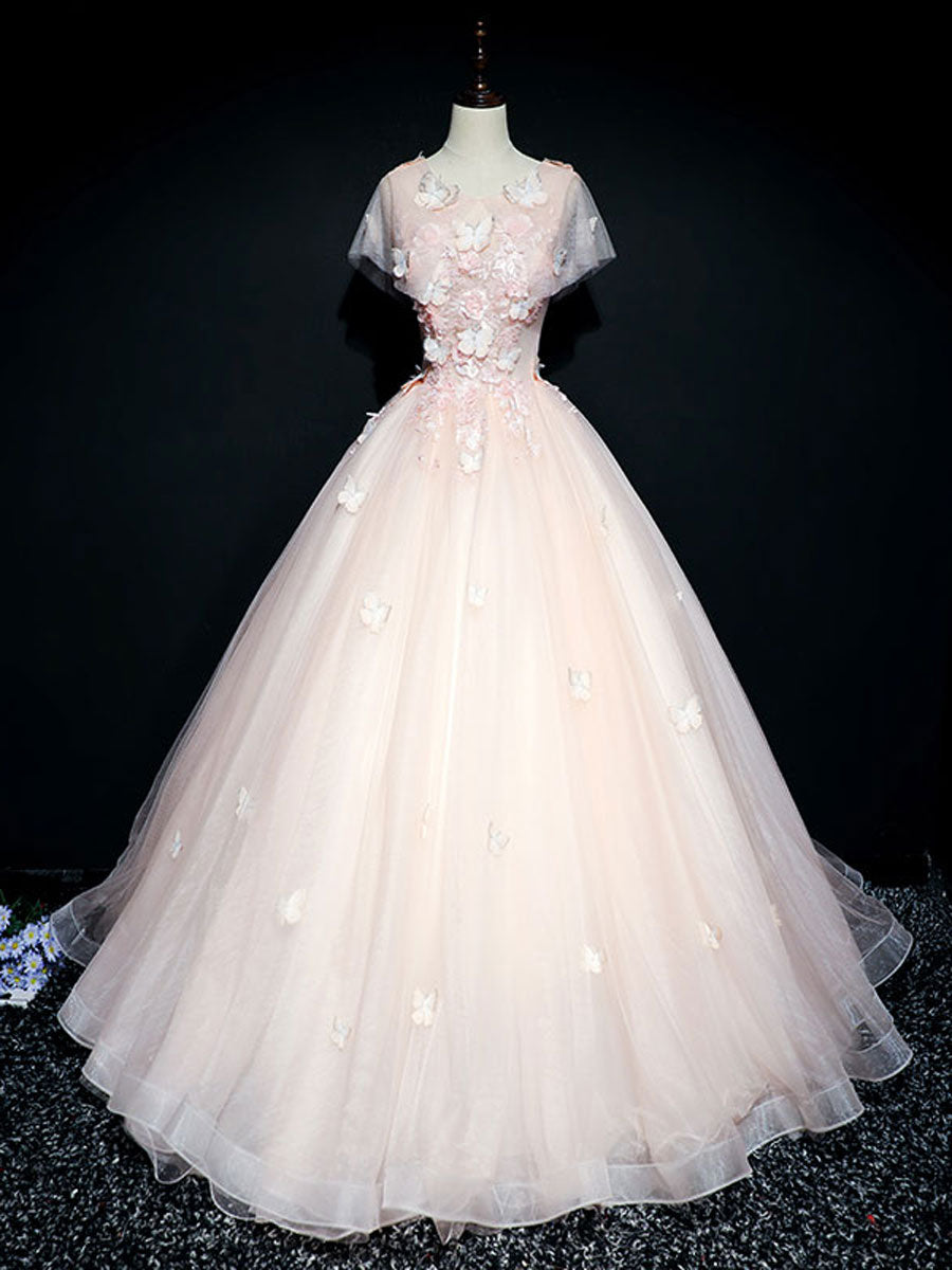 Pink Round Neck Tulle Lace Long Prom Dress, Pink Tulle Formal Dress