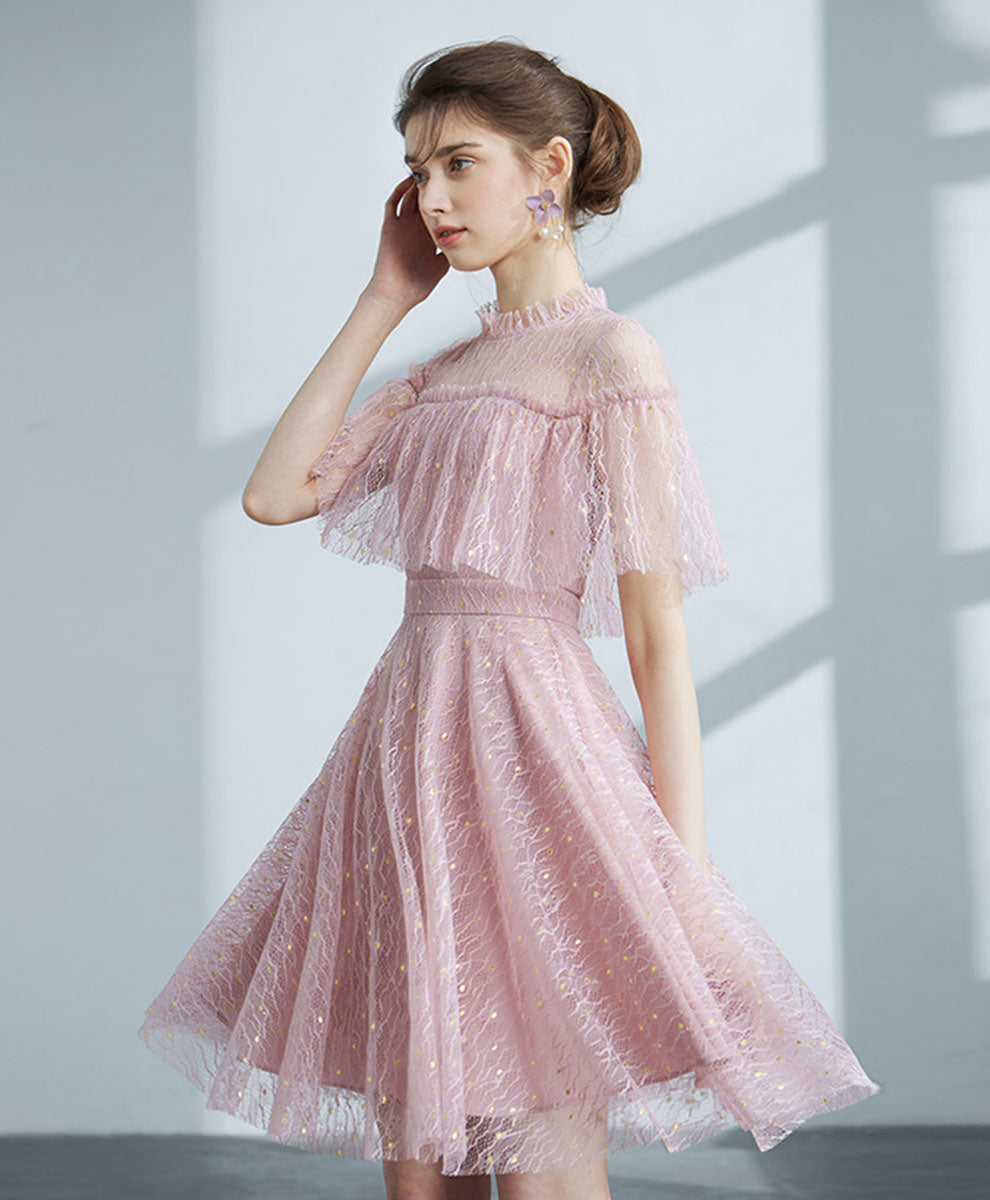 Pink Tulle Lace Short Prom Dress, Pink Homecoming Dress