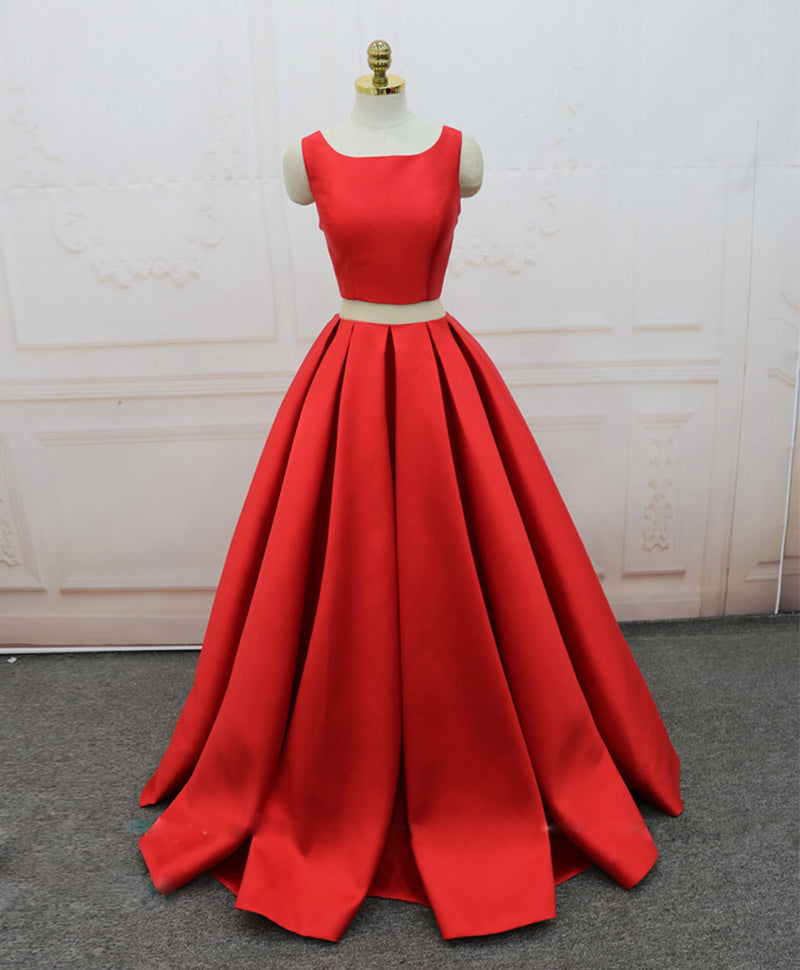 Red Satin Two Pieces Long Prom Dress Red Long Evening Dress