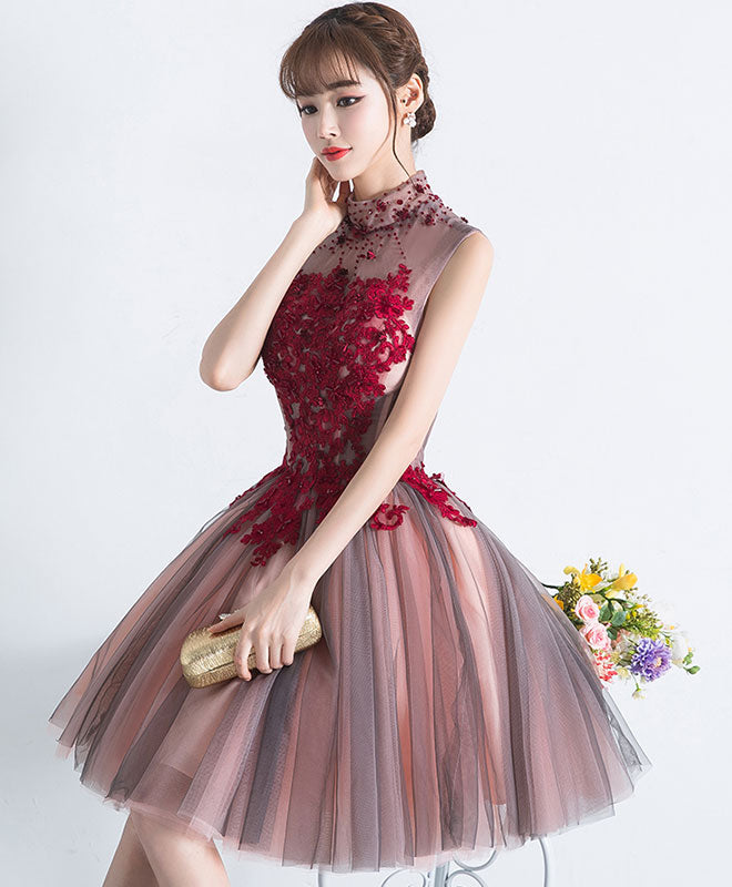 Unique Burgundy Tulle Lace Short Prom Dress, Tulle Homecoming Dress –  shopluu