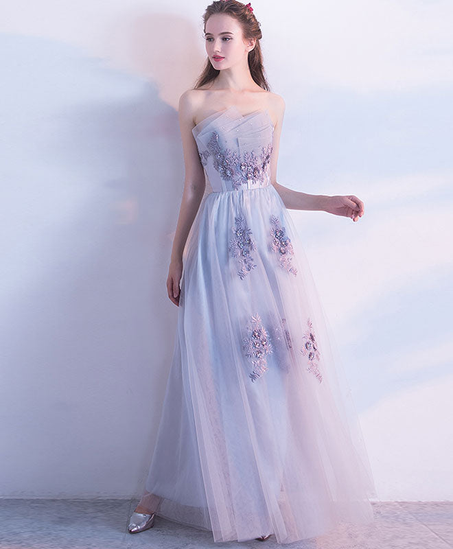 Gray Tulle Lace Long Prom Dress, Gray Tulle Evening Dress