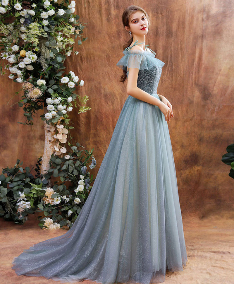 Unique Tulle Beads Long Green Prom Dress, Tulle Formal Dress