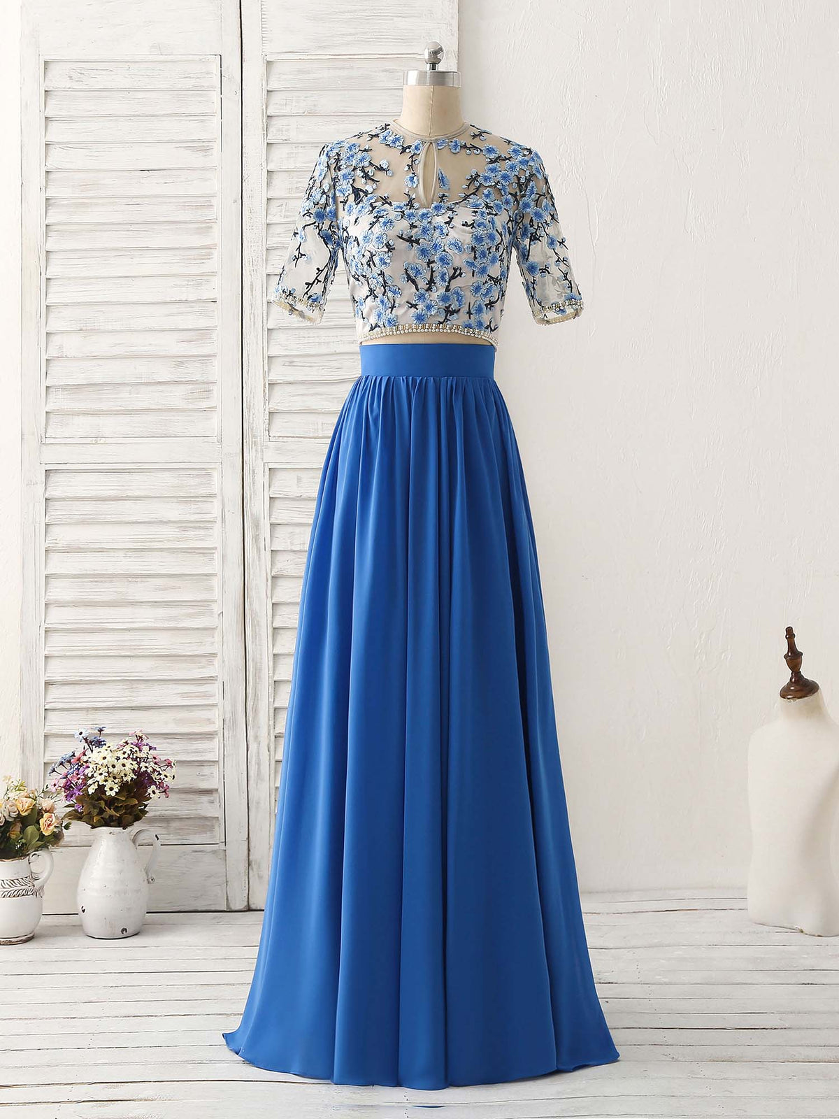A-Line Blue Two Pieces Long Prom Dress Applique Formal Dress