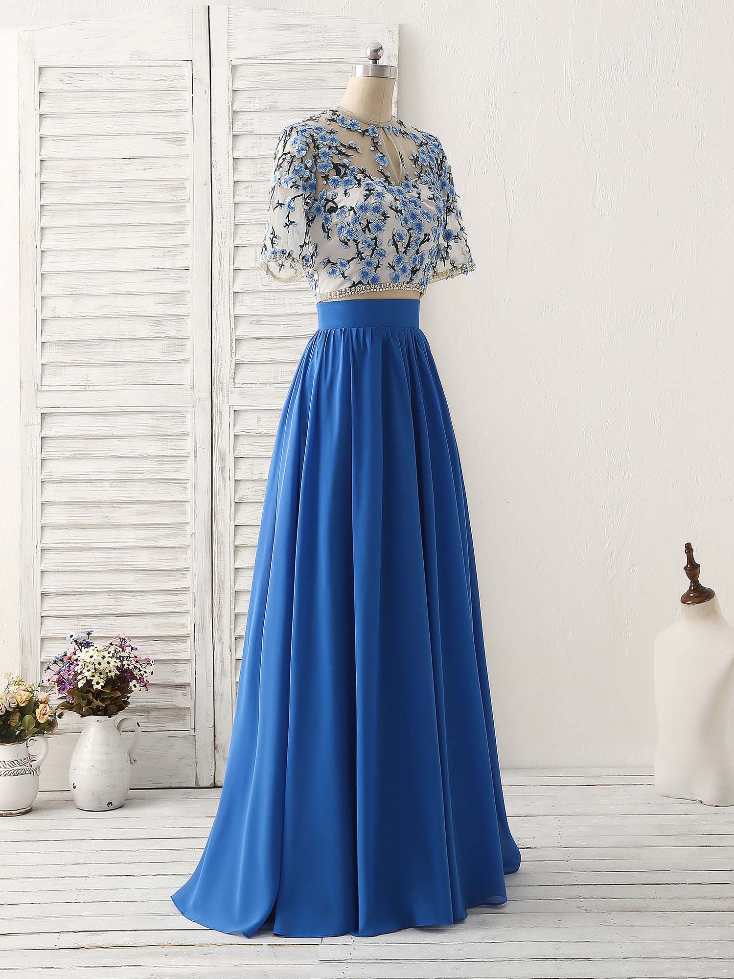 A-Line Blue Two Pieces Long Prom Dress Applique Formal Dress US 16 / Custom Color A-Line Blue Two Pieces Long Prom Dress Applique Formal Dress US 16 / Custom Color