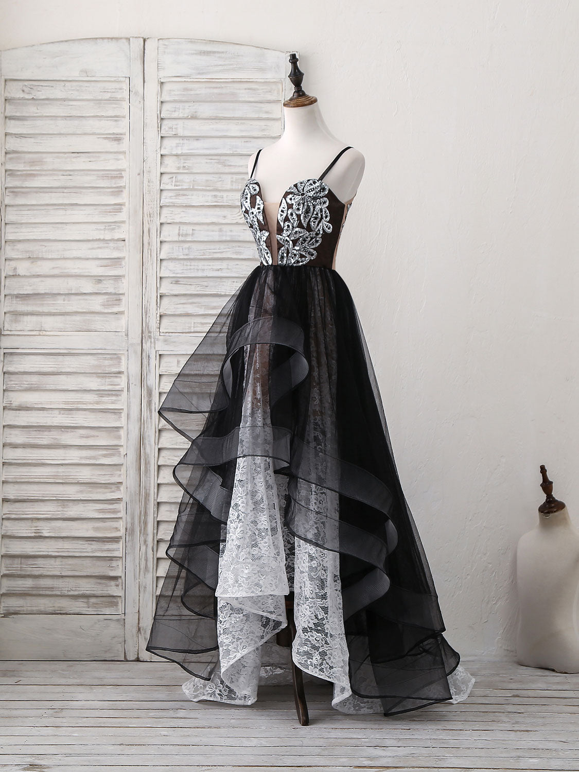 Black Sweetheart Neck Tulle Lace Long Prom Dress, Black Evening Dress