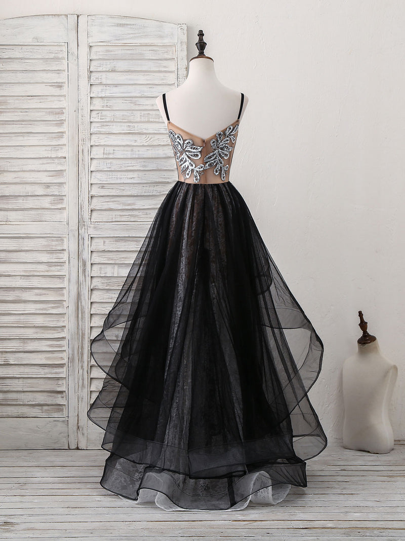 Black Sweetheart Neck Tulle Lace Long Prom Dress, Black Evening Dress