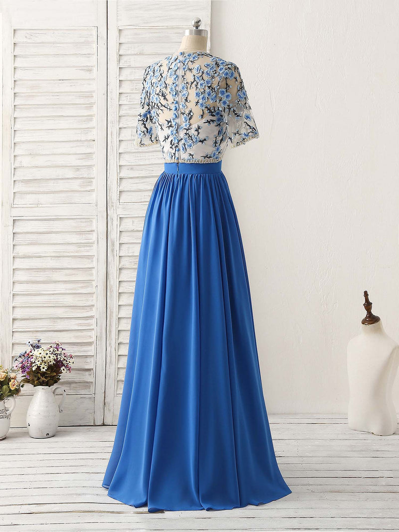 Unique Blue Two Pieces Long Prom Dress Applique Formal Dress