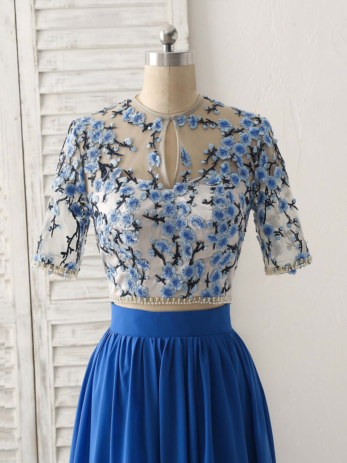 A-Line Blue Two Pieces Long Prom Dress Applique Formal Dress