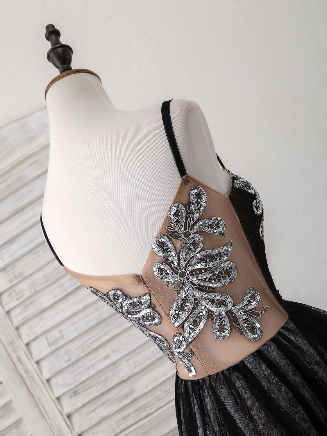 Black Sweetheart Neck Tulle Lace Long Prom Dress, Black Evening Dress