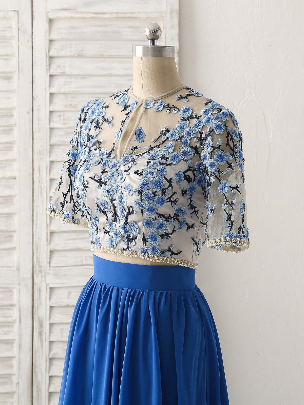 A-Line Blue Two Pieces Long Prom Dress Applique Formal Dress