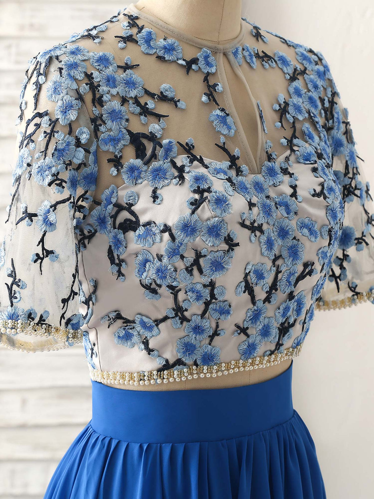 A-Line Blue Two Pieces Long Prom Dress Applique Formal Dress