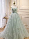 A-Line Off Shoulder Tulle Green Long Prom Dresses, Green Formal Dress with Beading