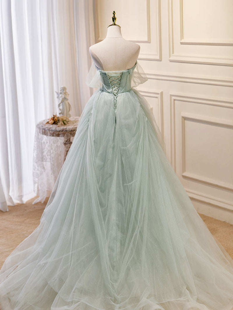 Green Tulle Long Prom Dresses