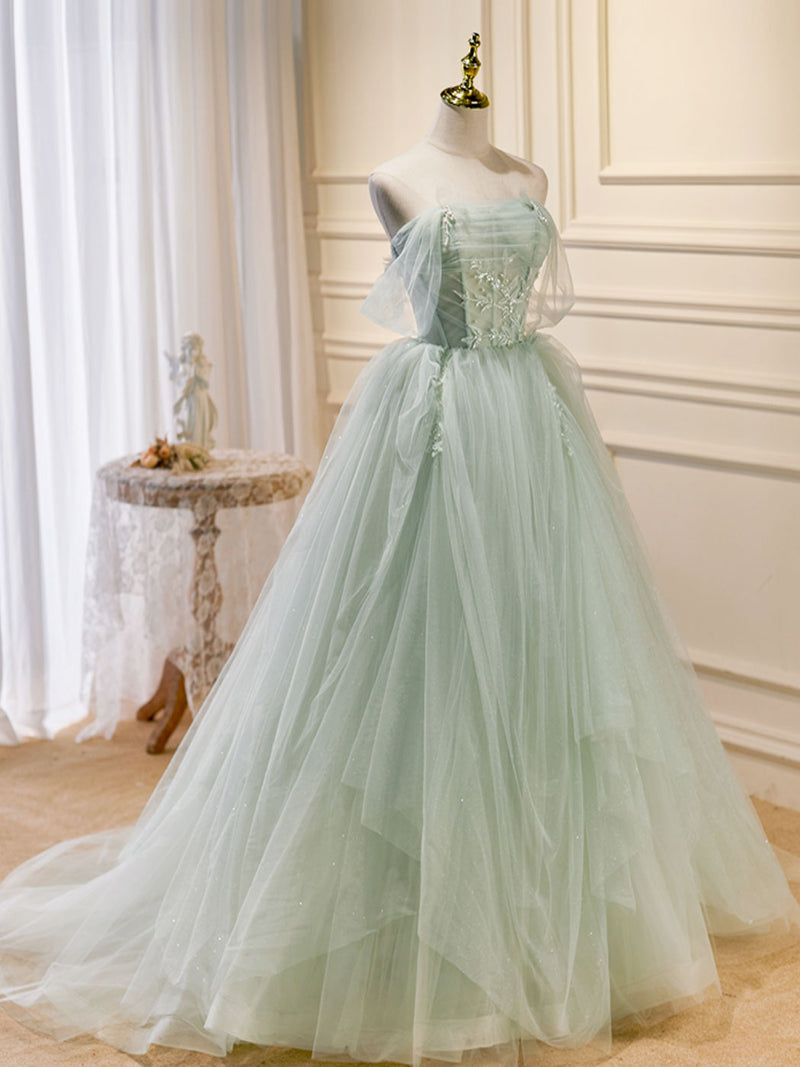 A-Line Off Shoulder Tulle Green Long Prom Dresses, Green Formal Dress shopluu A-Line Off Shoulder Tulle Green Long Prom Dresses, Green Formal Dress shopluu