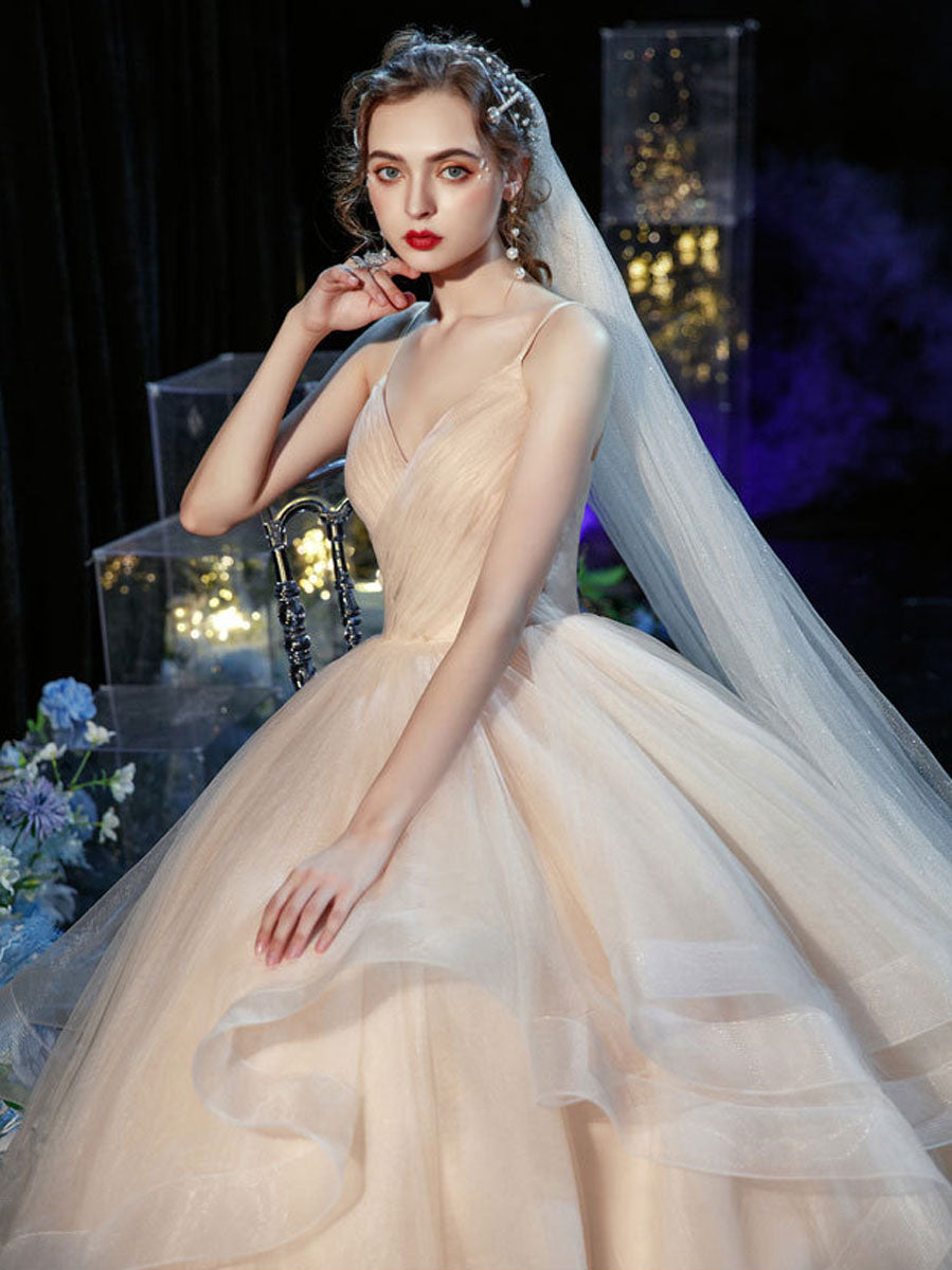 Champagne v neck tulle long wedding gown champagne wedding dress