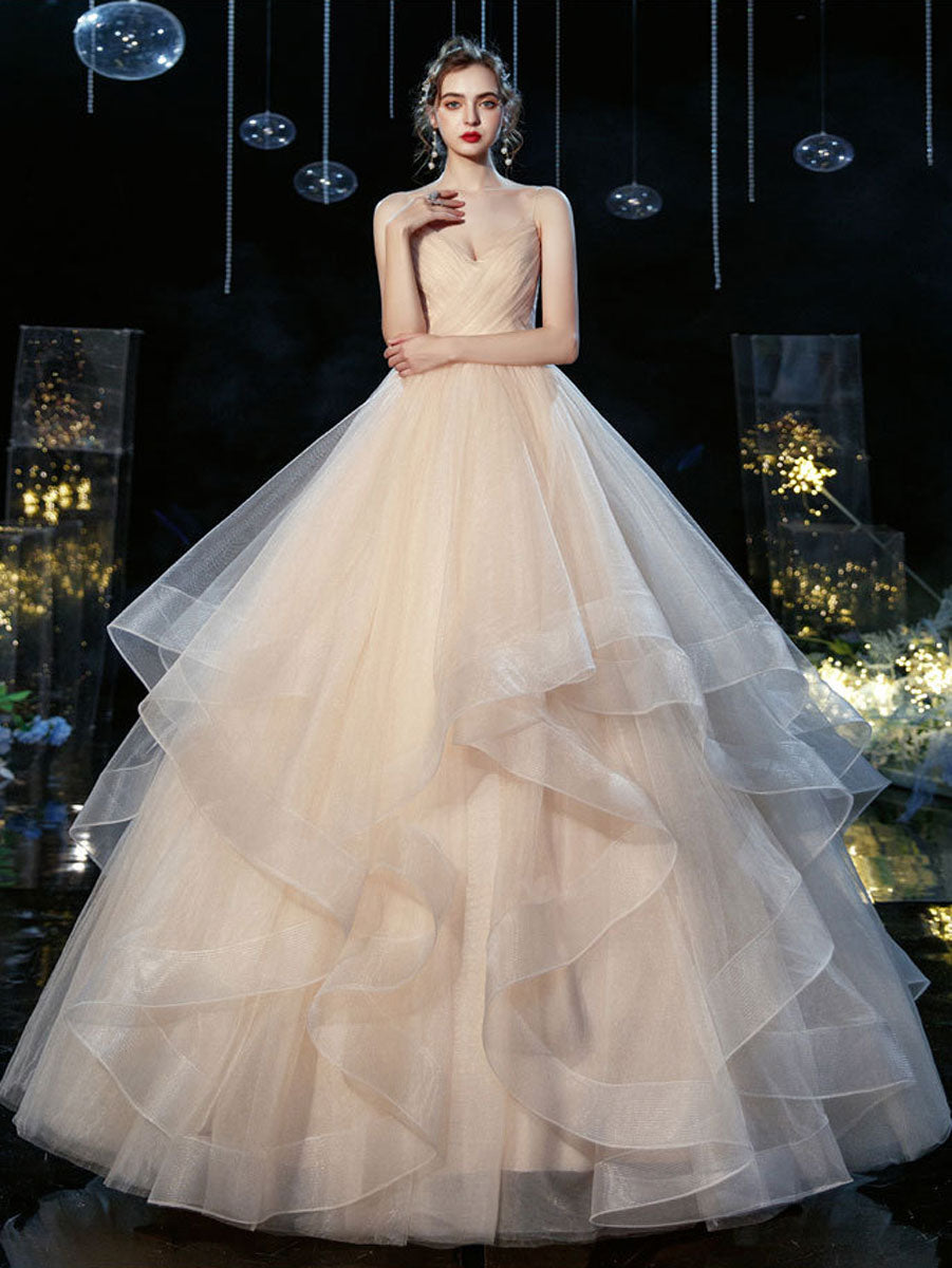 Champagne v neck tulle long wedding gown champagne wedding dress – shopluu
