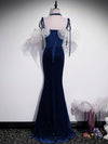Dark Blue Mermaid Velvet Long Prom Dresses
