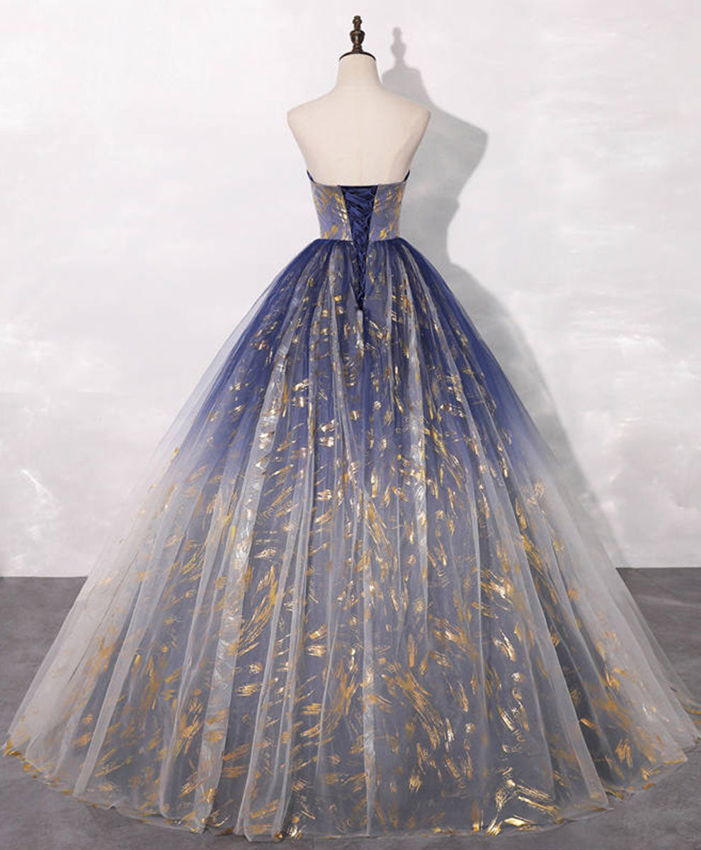 Blue A line Tulle Lace Long Prom Dress, Tulle Formal Blue Graduation Dresses