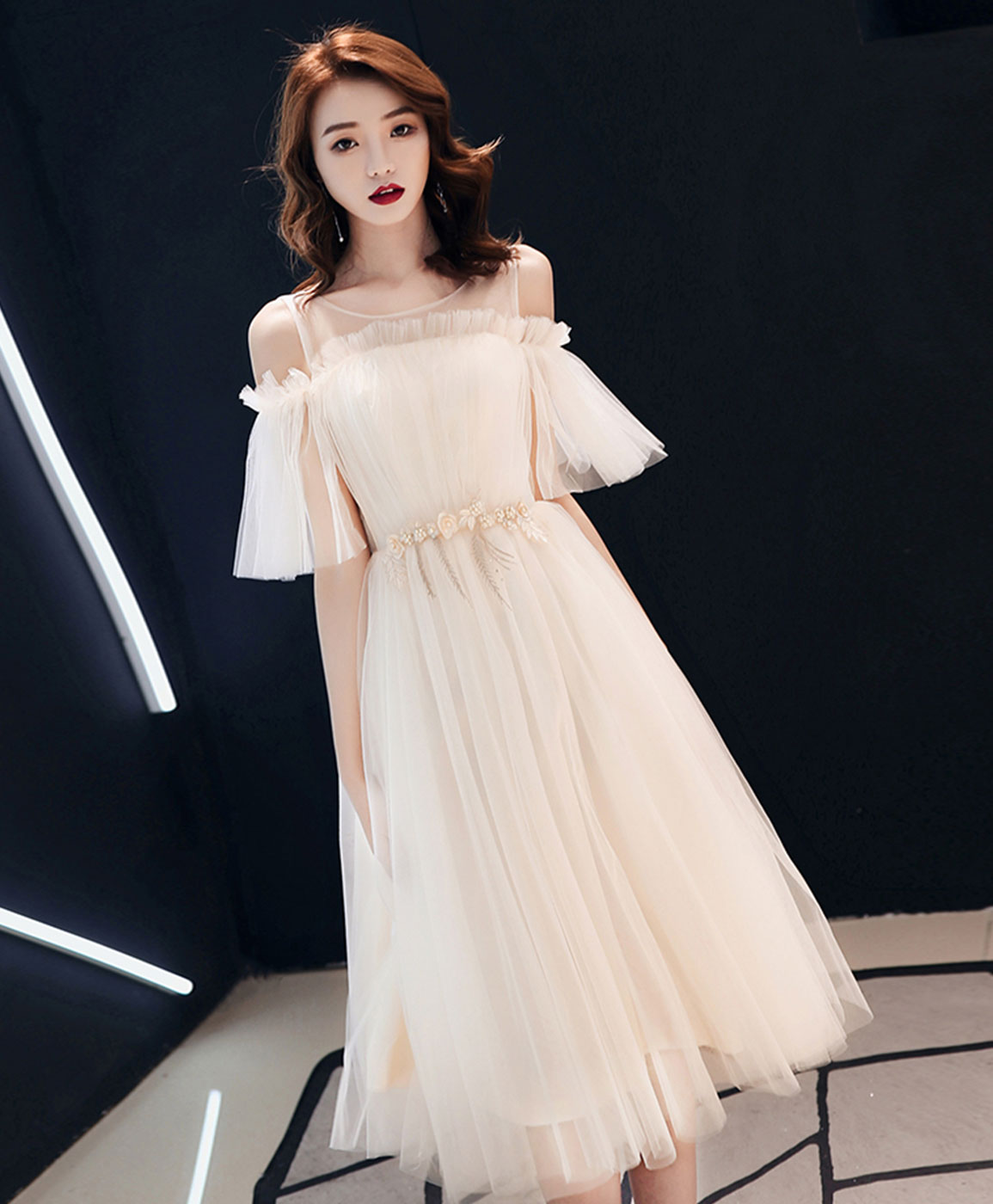 Light Champagne Tulle Short Prom Dress, Champagne Tulle Homecoming Dress