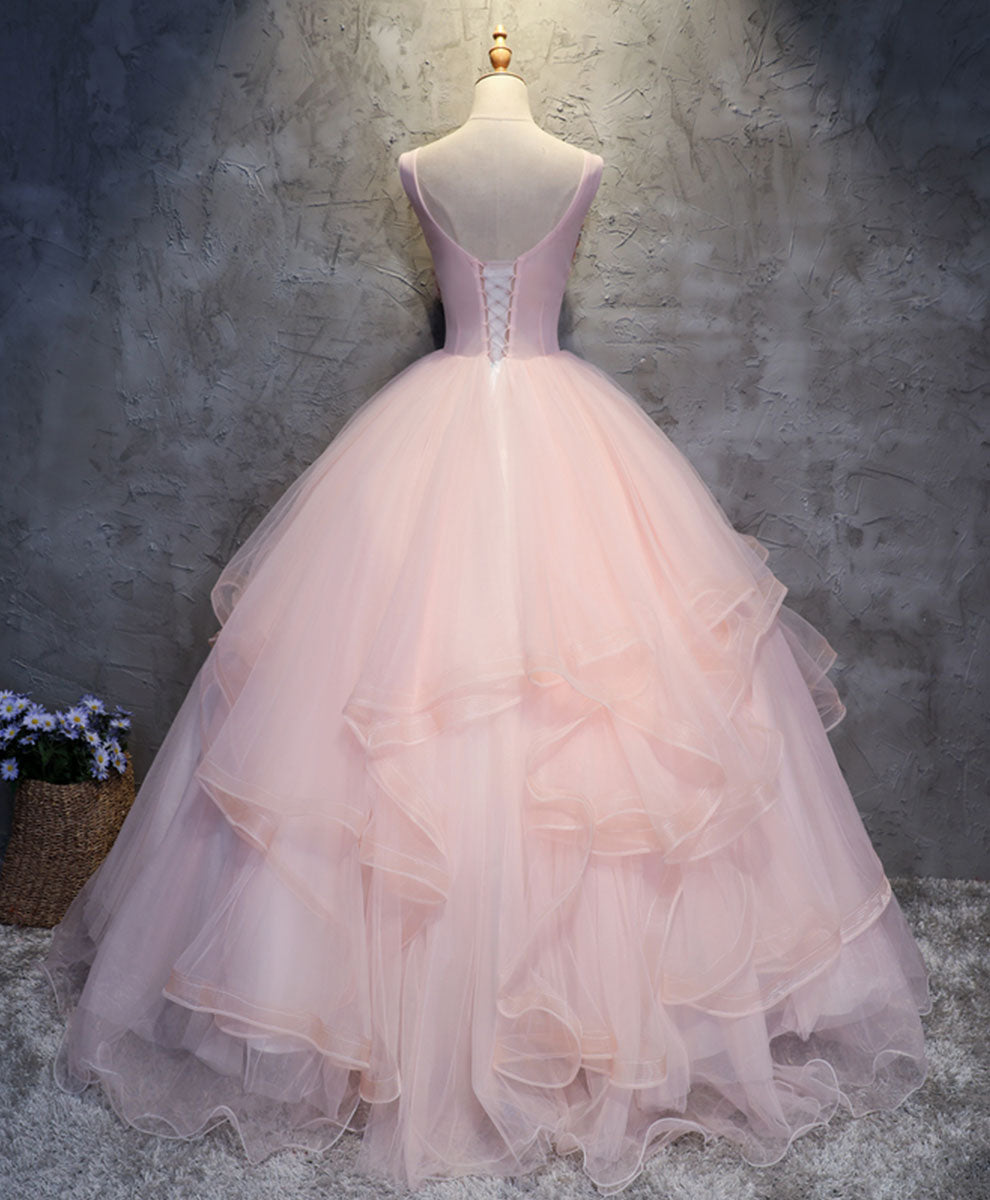 Pink Ball Gown Floor Length Sleeveless Layers Tulle Ruffles Floral Prom Dresses Pink Ball Gown Floor Length Sleeveless Layers Tulle Ruffles Floral Prom Dresses