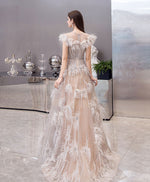 Champagne Tulle Beads Long Prom Dress, Champagne Formal Evening Dress