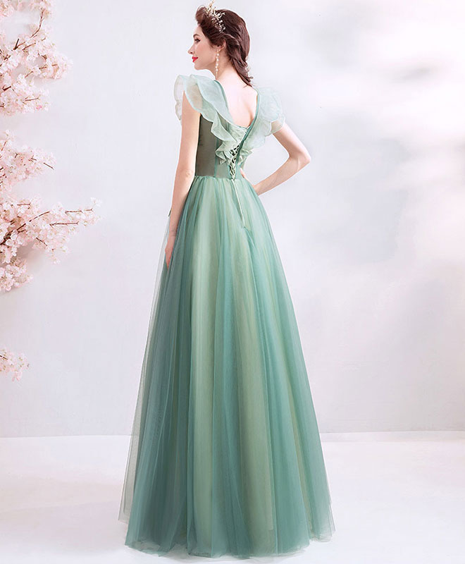 Green V Neck Tulle Lace Long Prom Dress, Green Evening Dress