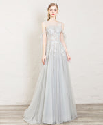 Gray Round Neck Tulle Lace Long Prom Dress, Gray Evening Dress