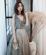 Gray V Neck Tulle Lace Sequin Long Prom Dress Gray Tulle Formal Dress