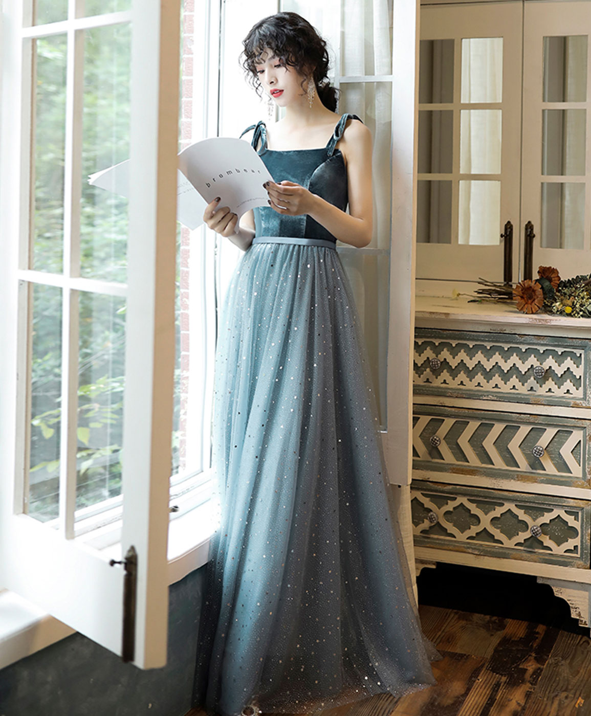 Blue Sweetheart Tulle Lace Long Prom Dress, Blue Tulle Formal Dress with Velvet
