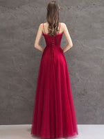 Burgundy Tulle Sequin Long Prom Dress, Burgundy Evening Dress