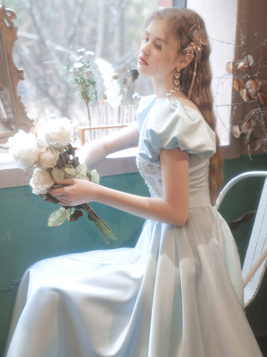 Light Blue Satin Lace Long Prom Dress Blue Lace Formal Dress