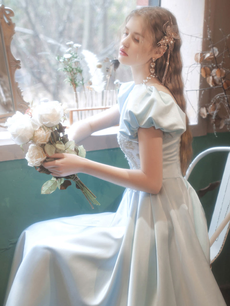 Light Blue Satin Lace Long Prom Dress Blue Lace Formal Dress – shopluu