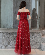 Burgundy Off Shoulder Tulle Long Prom Dress, Burgundy Evening Dress