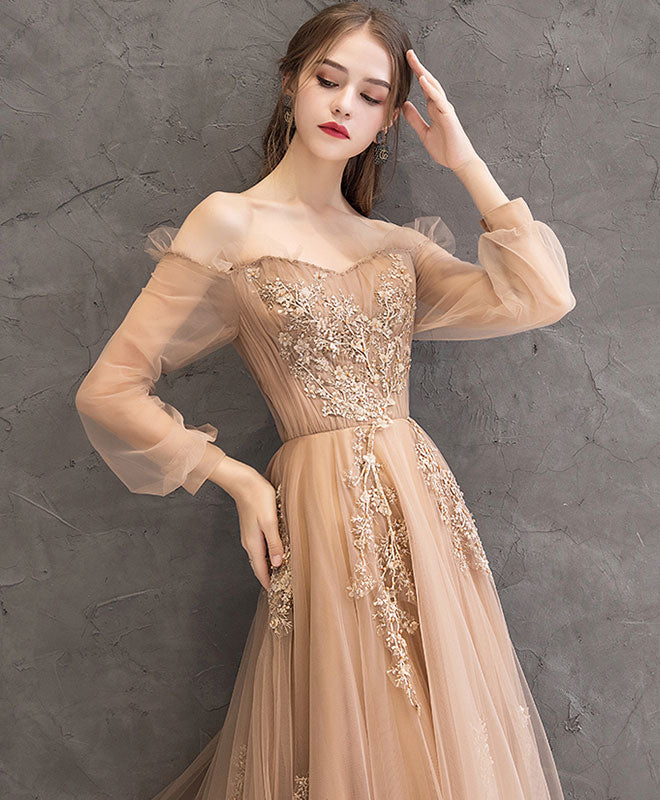 Champagne Tulle Lace Long Prom Dress Champagne Tulle Evening Dress