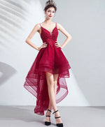 Burgundy Tulle Lace High Low Prom Dress Lace Homecoming Dress