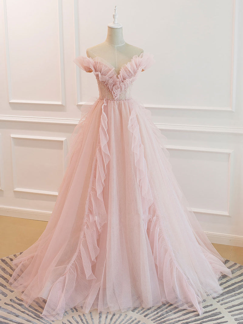 Pink Off Shoulder Tulle Long Prom Dress, Pink A line Tulle Graduation Dress