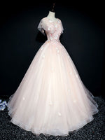 Pink Round Neck Tulle Lace Long Prom Dress, Pink Tulle Formal Dress