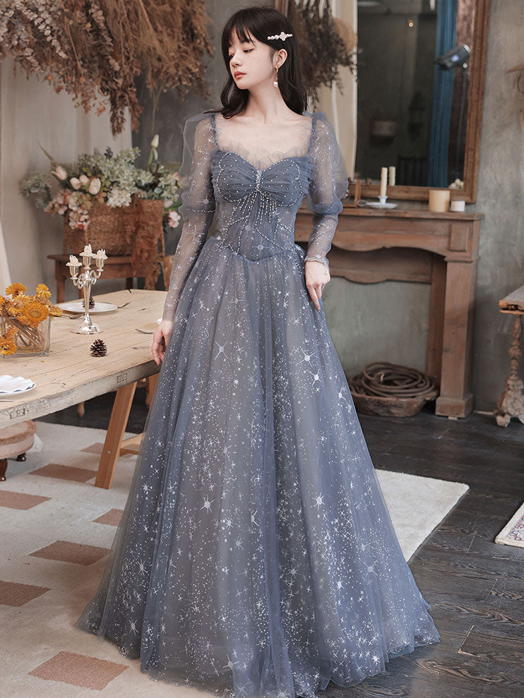 Gray Blue Tulle Lace Long Prom Dress, Gray Tulle Lace Evening Dress – shopluu