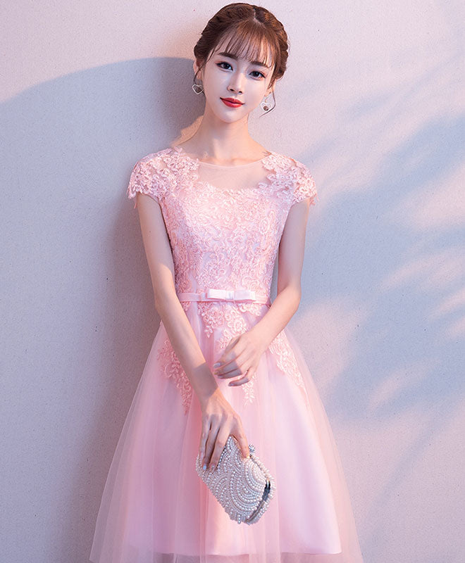 Pink Round Neck Tulle Lace Short Prom Dress Pink Homecoming Dress