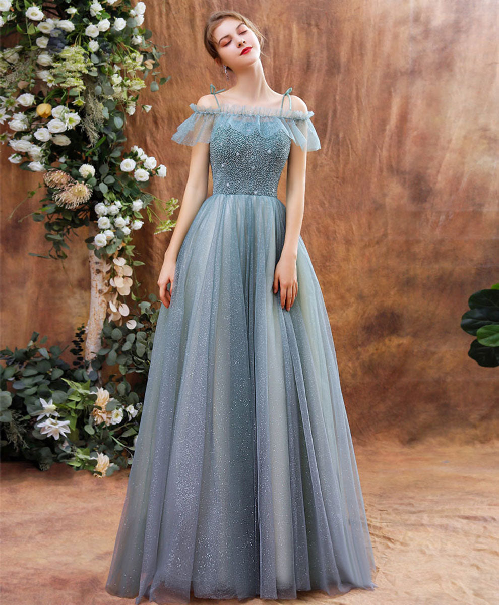 A-Line Tulle Beads Long Green Prom Dress, Tulle Formal Dress