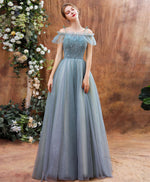 Unique Tulle Beads Long Green Prom Dress, Tulle Formal Dress