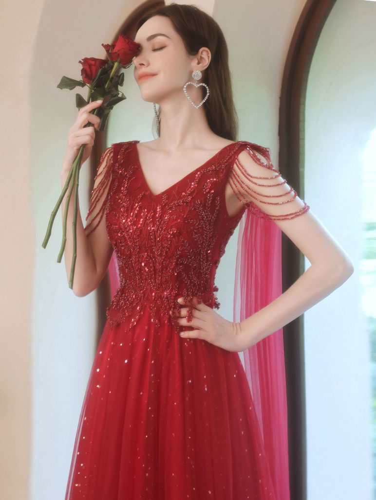 Burgundy V Neck Tulle Lace Beads Long Prom Dress, Burgundy Evening Dress Custom Size / Custom Color Burgundy V Neck Tulle Lace Beads Long Prom Dress, Burgundy Evening Dress Custom Size / Custom Color