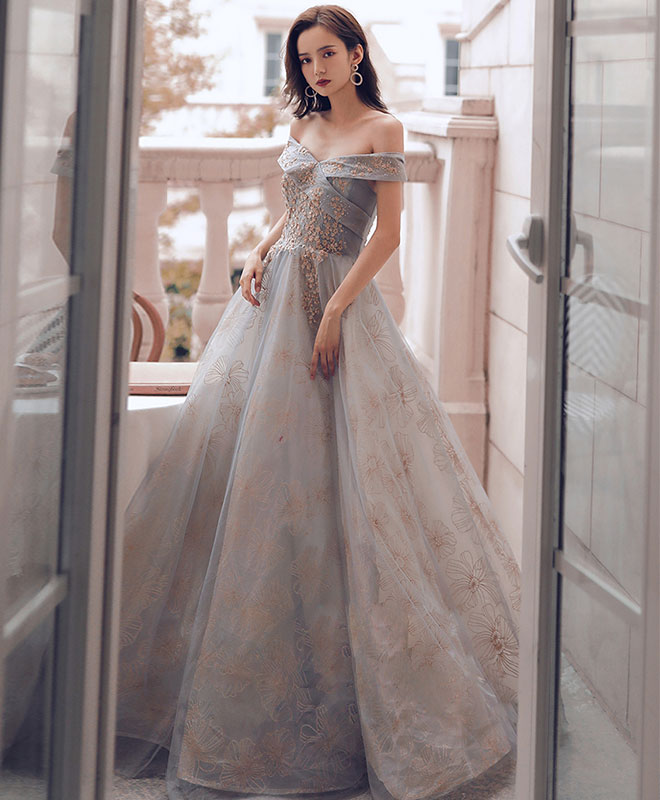 A-Line Sweetheart Off Shoulder Lace Long Prom Dress Tulle Evening Dress