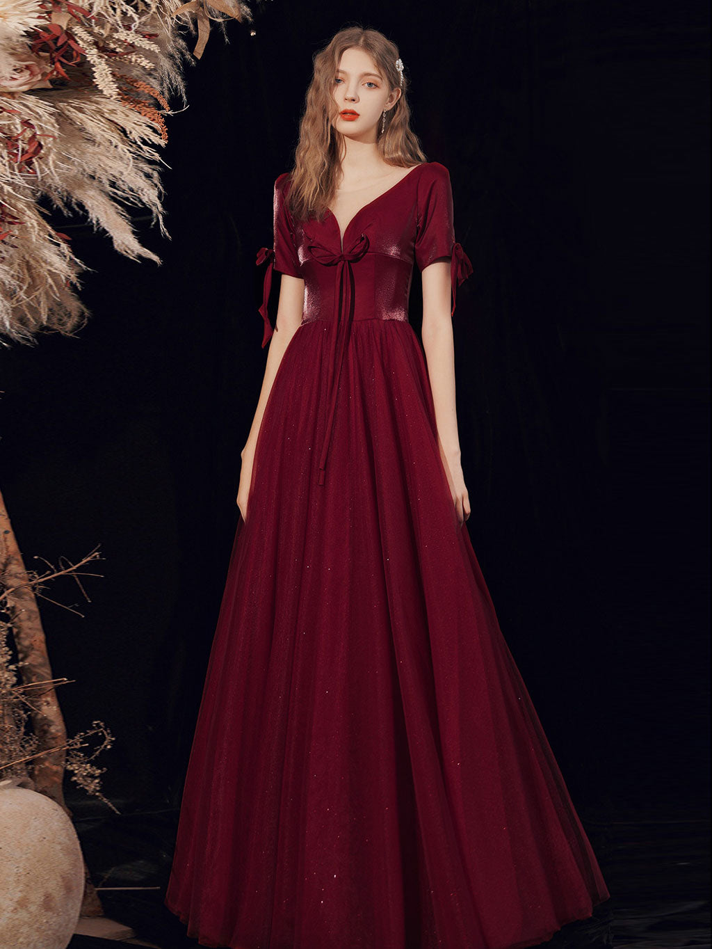 Burgundy A-line V Neck Tulle Long Prom Dress Burgundy Evening Dress