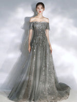 Gray Tulle Sequin Lace Long Prom Dress, Gray Tulle Formal Dress